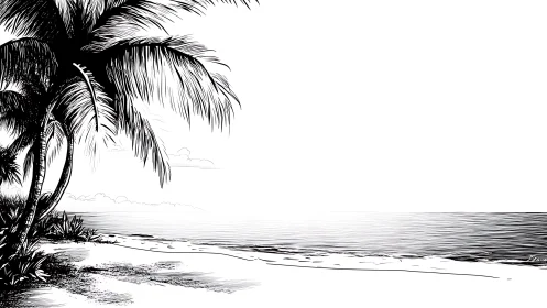 Ink-rendered tropical shoreline with palm fronds compositionally framing sandy beach and calm waters