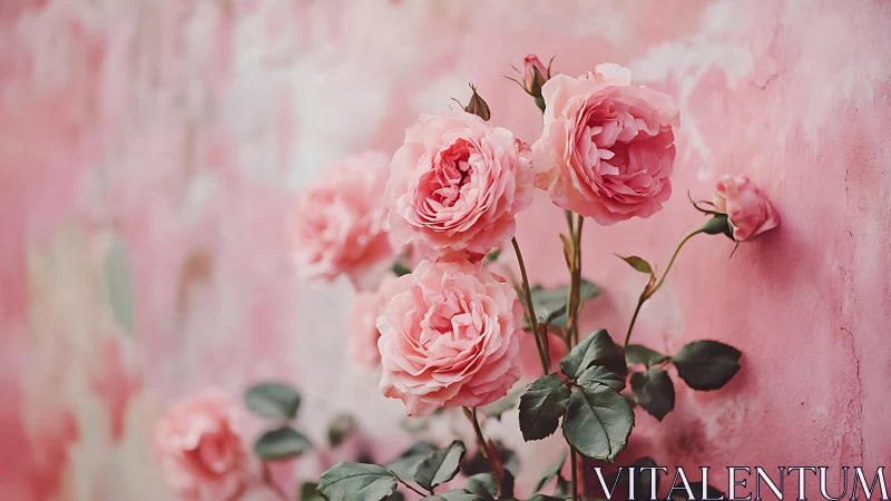 Pink Roses Against Textured Wall. Romantic Floral Study.