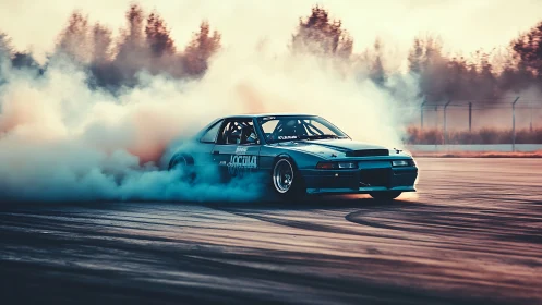 Drift car sliding through smoke on sunlit racetrack.
