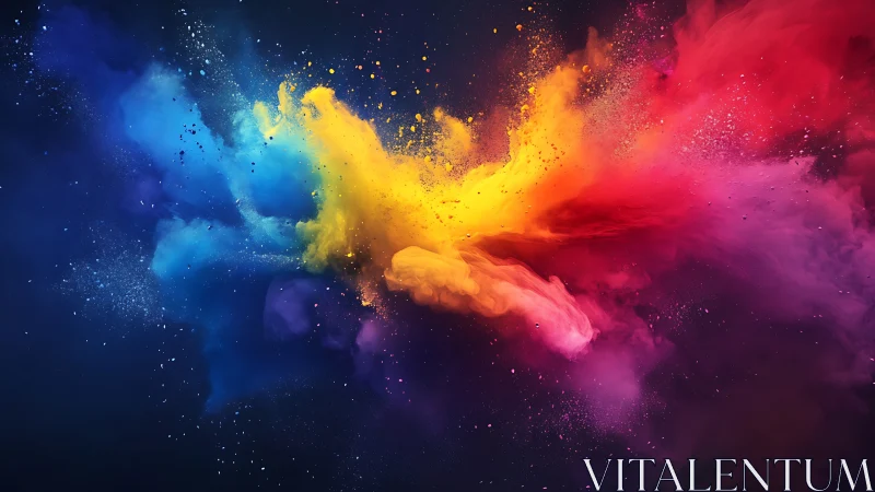 Multicolor powder dispersion on dark gradient background.