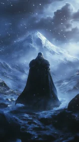 Lone cloaked figure facing a distant snow-covered mountain.