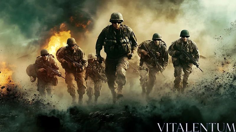 Infantry squad advancing through explosive battlefield haze.