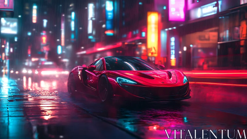 Red sports car on wet neon city street at night scene.