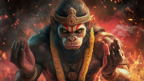 Divine warrior monkey amid firestorm, digital mythic portrait.