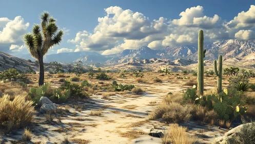 High-desert cactus landscape under sculpted cumulus sky.