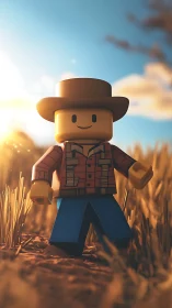 Sunlit plastic cowboy minifigure in shallow-depth wheat field