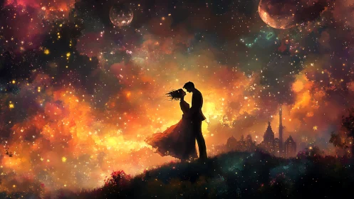 Cosmic Romance: Silhouettes Dancing Through Stardust.