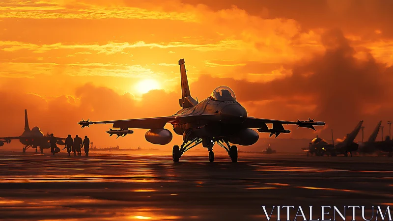 Jet fighter aircraft on wet tarmac at orange sunset horizon.