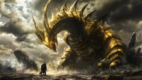 Giant golden armored dragon confronting lone ground figure.