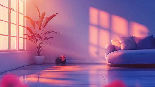 Soft sunset light fills a serene minimalist living room