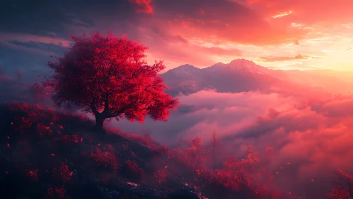 Chromatic red tree above volumetric fog at alpine sunrise.