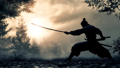 Samurai silhouette poised at dawn in misty forest clearing.
