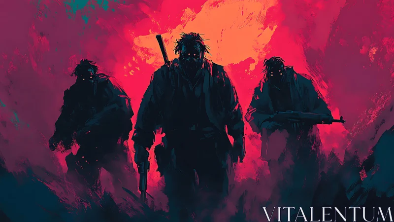 Shadowed soldiers advance through neon smoke and fire