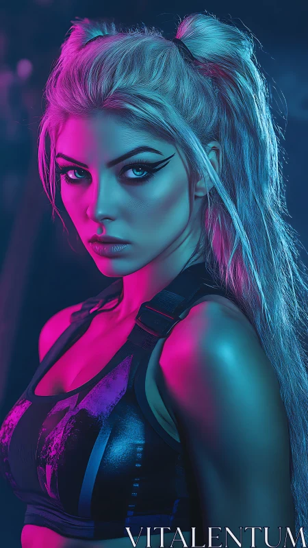 Female subject in dual neon lighting stands in profile pose