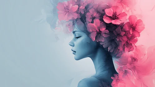 Blooming quietude paints a blue muse in drifting petals