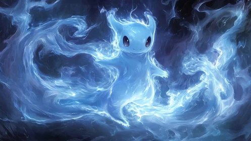 Luminescent blue spirit figure in swirling energy field.