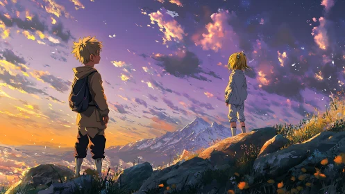 Twin children on alpine ridge under luminous sunset sky