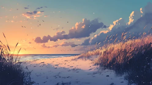Sunlit dunes and gentle surf glow beneath pastel skies.