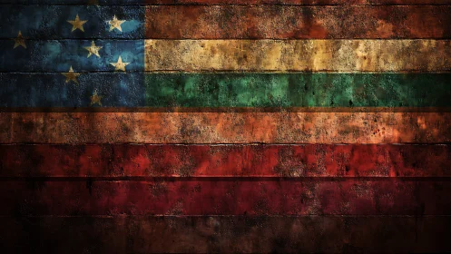 Grunge-textured multicolor flag layout on distressed planks.