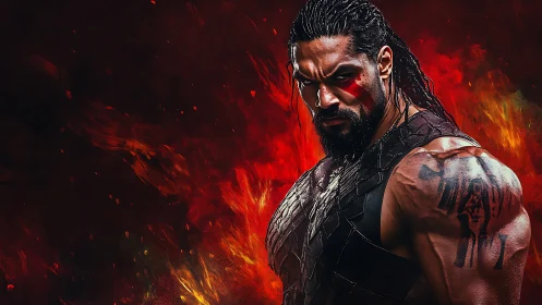 Warrior stands in blazing red fire with fierce determination