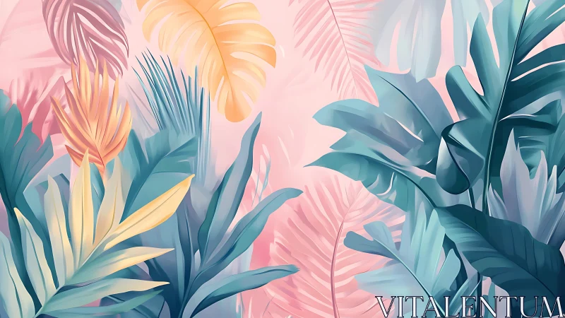Tropical foliage illustration fills frame with pastel gradients