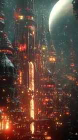 Luminous sci fi city glows beneath a distant alien moon