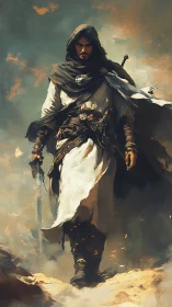 Hooded desert warrior strides through windswept embers.