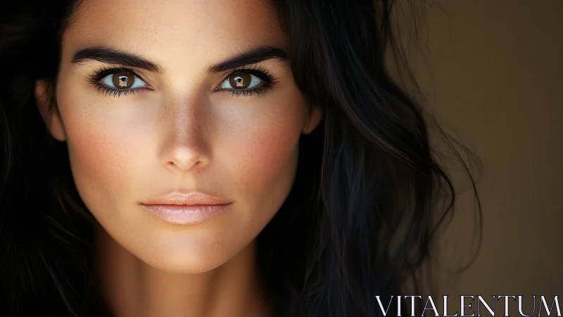 Confident Woman with Dark Hair in Natural Light Portrait.