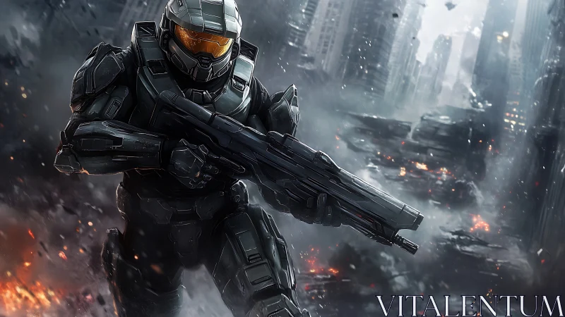 Armored vanguard storms a burning future city battlefield.