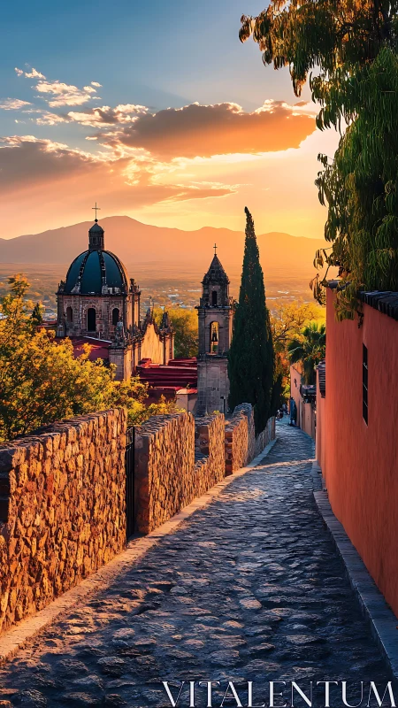 Narrow cobblestone street leads toward domed church structures