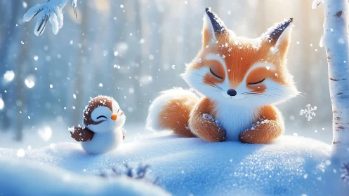 Snowy fox slumbers beside joyful bird in frosted hush.