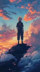 Solitary anime warrior gazes across a blazing sunset sky.