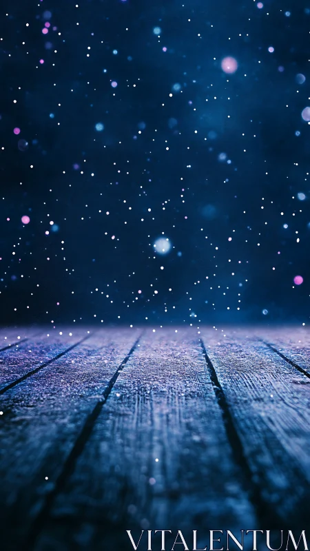 Wooden surface extends under particle field in dark space