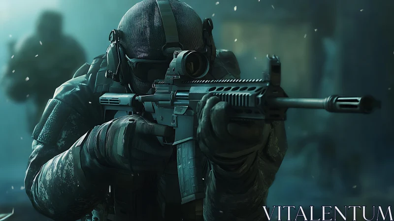 Tactical special forces sniper advancing through icy haze.