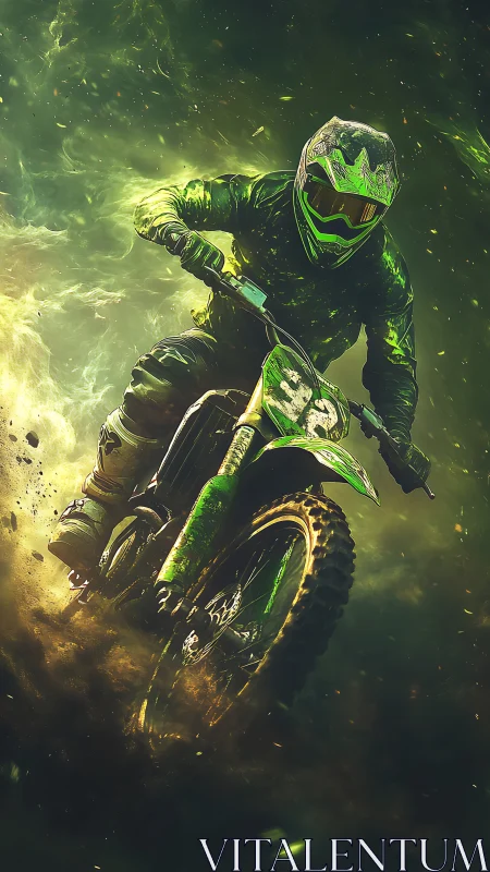 Rider in vivid green gear tears through swirling dirt clouds