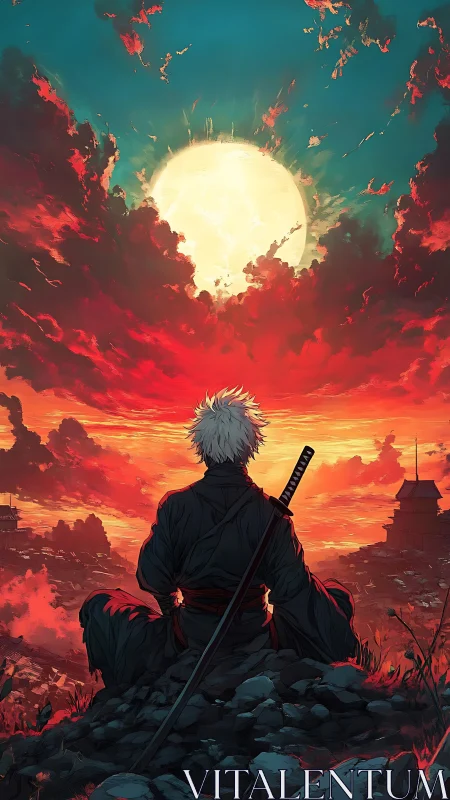 Solitary swordsman greets a blazing sky at the edge of dusk