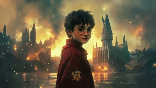 Digital painting of young wizard before burning gothic castle.