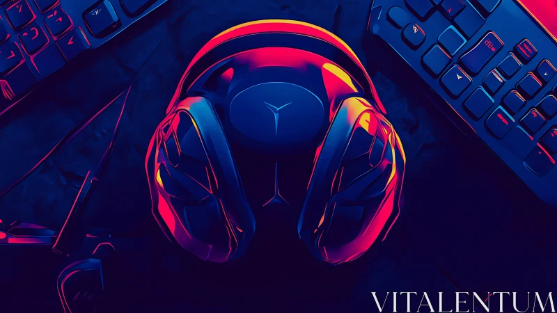 Neon-lit gaming headset and keyboards rendered in dual-tone gradient