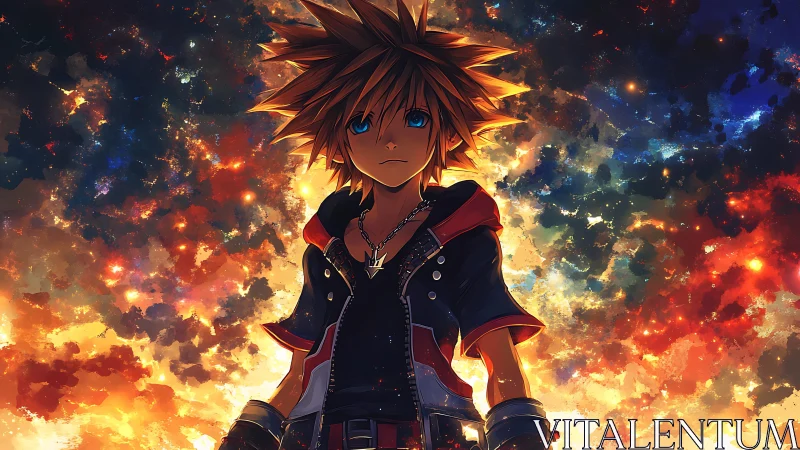 Spiky‑haired anime hero stands before blazing cosmic sky.