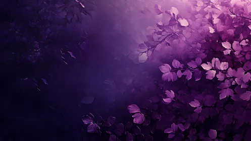 Purple Foliage Cascade Illuminated Against Darkness.