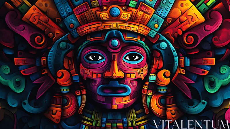 Vibrant neon tribal mask radiates mystic ceremonial energy