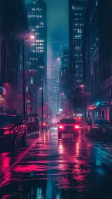 Rainy neon city street shows cars and tall buildings at night