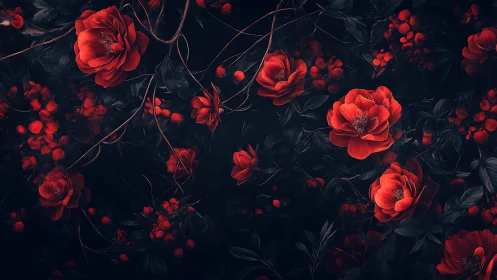 Red Peonies and Berries Against Dark Background.