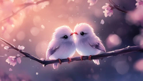 Two Fluffy Birds Perched on Branch. Romantic Fantasy.