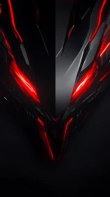 Symmetric cybernetic visor glows with red angular highlights