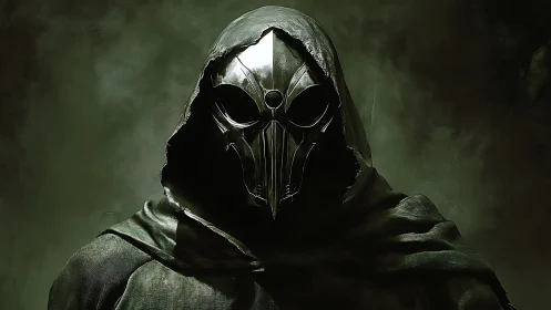 Armored hooded wraith rendered in moody dark concept art lighting