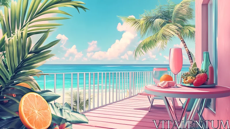 Sunlit beach balcony with fruity drinks and pastel charm.