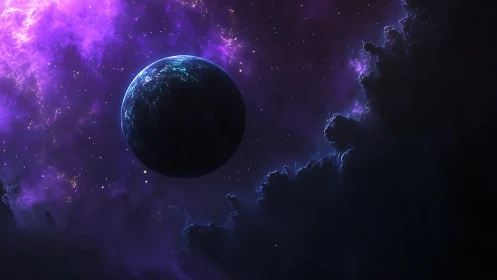 Luminescent exoplanet silhouetted within violet nebula field.