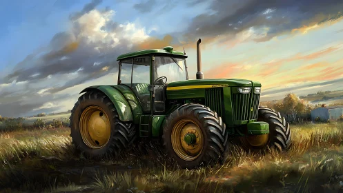 Green farm tractor in grassy field at colorful sunset.
