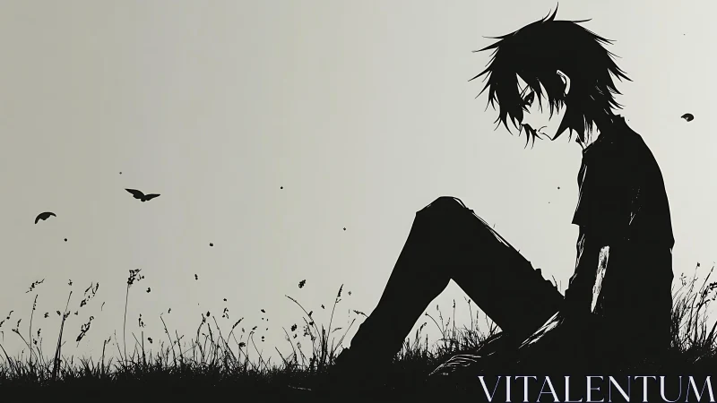 Silhouetted anime boy sits alone in quiet windblown field